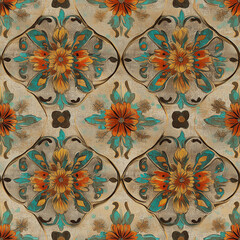 Floral Vintage Pattern with Aqua and Orange Accents