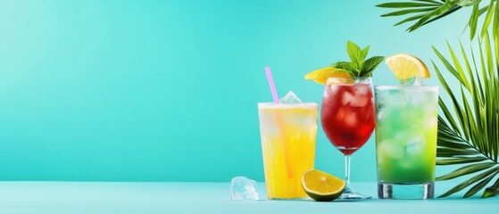 Refreshing Tropical Drinks with Garnishes on a Vibrant Background