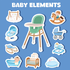 Baby element sticker vector set in cartoon style. Baby boy item clipart in flat design. Baby shower concept.  Products, furniture for caring newborn baby or infant. Sticker set isolated on blue.