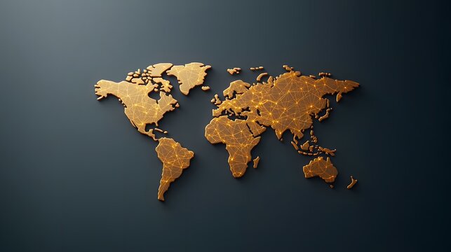 A three-dimensional golden world map is showcased against a dark-grey backdrop, its continents interconnected by a luminous network of lines.