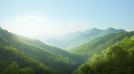 Obraz premium Panoramic View Of Lush Green Mountains Under Bright Sunlight