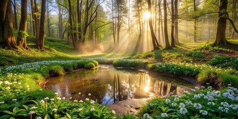 Obraz premium A tranquil atmosphere in a forested area with a warm-heated spring bubbling out of the ground, surrounded by lush greenery and vibrant wildflowers, hot springs, wilderness