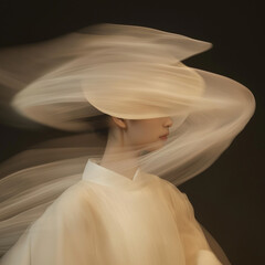 Elegant portrait of a woman in a flowing gown, with a soft, dreamy front-facing pose capturing graceful beauty