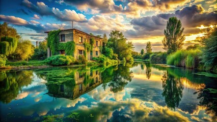 Obraz premium Urban Exploration Lake Photography: Green Sky Reflection, Abandoned Building, Cityscape