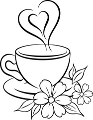 A steaming coffee cup with heart-shaped steam and botanical flowers intricate line art vector design