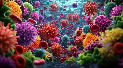 Fototapeta premium Colorful microorganisms in a vibrant underwater environment. PM 2.5 concept
