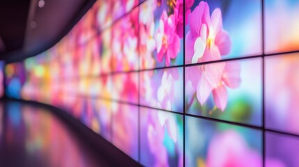 Giant multimedia wall with abstract digital screens, gradient lighting, and futuristic minimalism, symbolizing the fusion of technology and design.