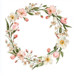 Fototapeta premium Elegant floral wreath featuring pastel pink and white blossoms, green leaves, and natural branches on a soft background.