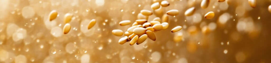 Golden seeds falling against a bokeh background.