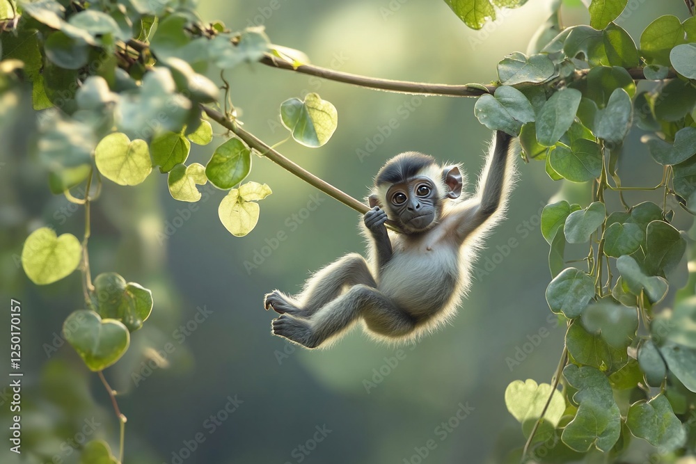 Poster Adorable baby monkey playfully swinging from a tree branch in lush green foliage.