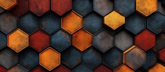 Abstract hexagonal pattern in rusty orange, dark blue and red tones.