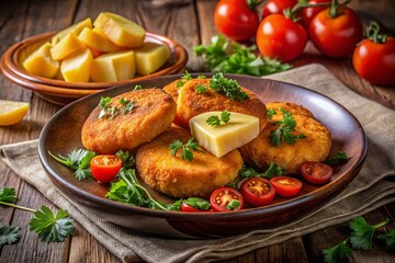 Fototapeta premium Delicious Homemade Ruddy Cheese & Potato Cutlets with Fresh Tomatoes & Parsley - Night Photography