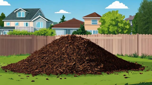 Large pile of mulch in a backyard surrounded by residential homes on a sunny day