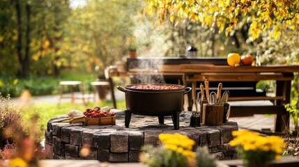 Autumnal Outdoor Cooking: A Cozy Stew Simmers in a Cast Iron Pot