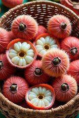 A basket filled with vibrant, spiky fruits, some sliced open to reveal their creamy interiors.