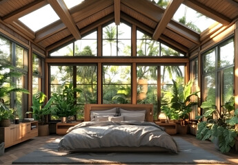 Fototapeta premium A cozy bedroom with large windows, wooden furniture, and soft lighting, featuring gray bedding and potted plants. The room is well-lit by natural light from the windows, creating an inviting 