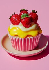 Pink Cupcake with Strawberries on Pink Background