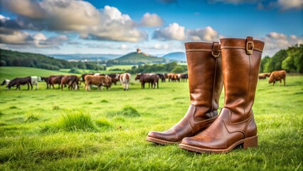 Brown boots placed on a green field with cows grazing in the background showcasing farm life and outdoor footwear