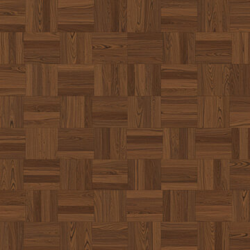 Wood parquet floor with square tiles in a checkered pattern.