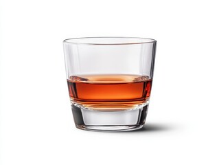 A close-up shot of a glass filled with amber liquid, against a bright white background.