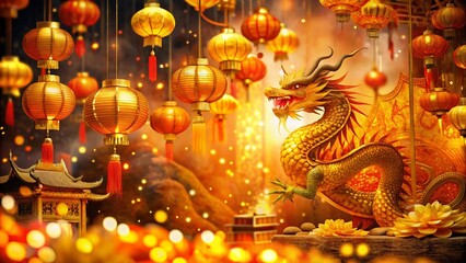 Fototapeta premium Double Exposure: 2023-2024 Chinese New Year Dragon & Wealth, Asian Festival Lantern Lights