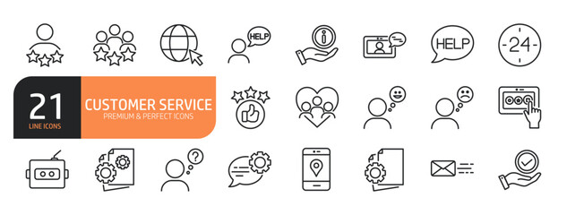 Set of line icons related to customer satisfied,  technical support, feedback, and more. Outline icons collection. Editable stroke. Vector illustration.