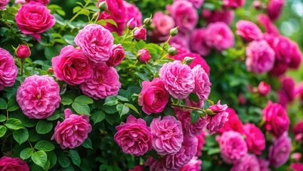 Dense thorny rose bush in full bloom with vibrant pink flowers and green foliage, garden blooms, botanical illustrations