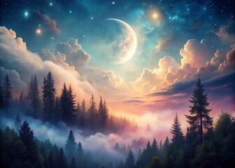 Fototapeta premium Double Exposure Dreamy Landscape with Mystical Forest Silhouette and Celestial Elements