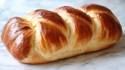 Freshly Baked Golden Brown Braided Loaf of Distinctive Texture and Appearance Sitting on a Marble Surface Ideal for Culinary or Bakery Themes