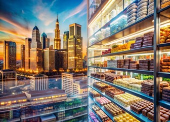 Obraz premium Double Exposure: Moscow Hypermarket Chocolate Shelves