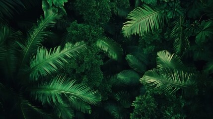 Lush green tropical rainforest canopy with palm leaves and vibrant foliage