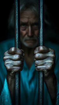Elderly man imprisoned, cell bars, dark background, justice