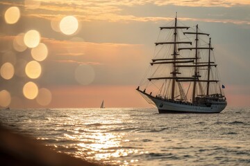 Stunning Bokeh Photography: Sailing Ship's Sternpost at Sunset, Ocean Scene
