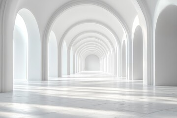 Fototapeta premium 3D rendering of a white, empty room with arched doorways, pure white walls and ceiling, and a light grey clay floor, creating a minimalist and clean aesthetic.