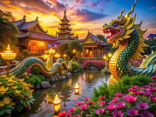 Obraz premium Dragon Village Suphan Buri Thailand: Magical Bokeh Paradise Tourist Attraction