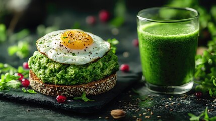 Healthy breakfast featuring a green pea spread toast topped with a fried egg and a green smoothie