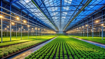 Naklejka premium Night Photography of Lush Green Seedlings in an Agricultural Greenhouse - Vibrant Growth Under Artificial Lights, Showcasing Sustainable Farming Practices and Innovation in Horticulture