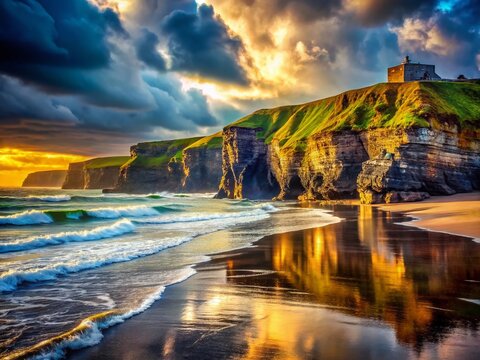 Dramatic Double Exposure: Ballybunion Cliff & Ocean Waves, County Kerry, Ireland
