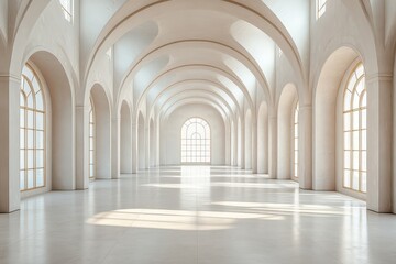 Obraz premium 3D rendering of a white, empty room with arches on both the left and right sides, creating a minimalist and spacious interior design.
