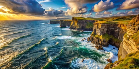 Fototapeta premium Dramatic Irish Coastal Clifftop View: Stunning Ocean Panorama with High Depth of Field