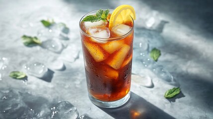 Iced tea with lemon and mint in a tall glass, surrounded by ice cubes.