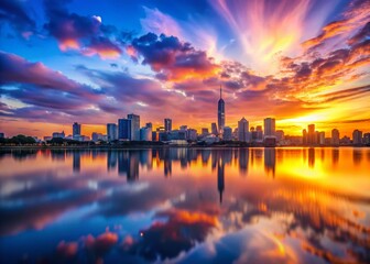 Fototapeta premium Dreamy Dawn: Urban Silhouettes & Vibrant City Reflections - Stock Photo