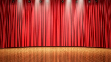 Red stage curtains illuminated spotlights wooden floor