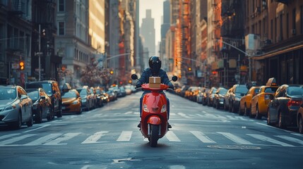 Naklejka premium Delivery person on scooter carrying package in busy city street, urban transport