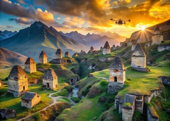 Naklejka premium Drone Aerial View of Dargavs City of the Dead Ruins, Northern Ossetia, Russia