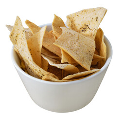 Crispy pita chips in a white bowl isolated on transparent background, ideal for snack or appetizer visuals.