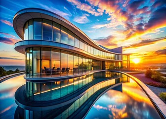 Drone View: Modern Curved Architecture, Glass Building, Infinity Pool