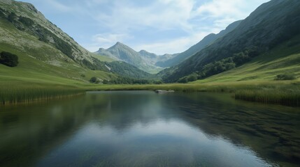 Serene Mountain Lake Reflects Surrounding Greenery and Hills Under Cloudy Sky. The image is serene a