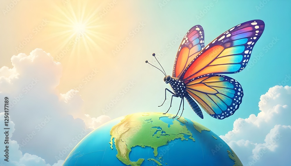 Poster an illustration of a butterfly with radiant rainbow-colored wings soaring above a globe, representin