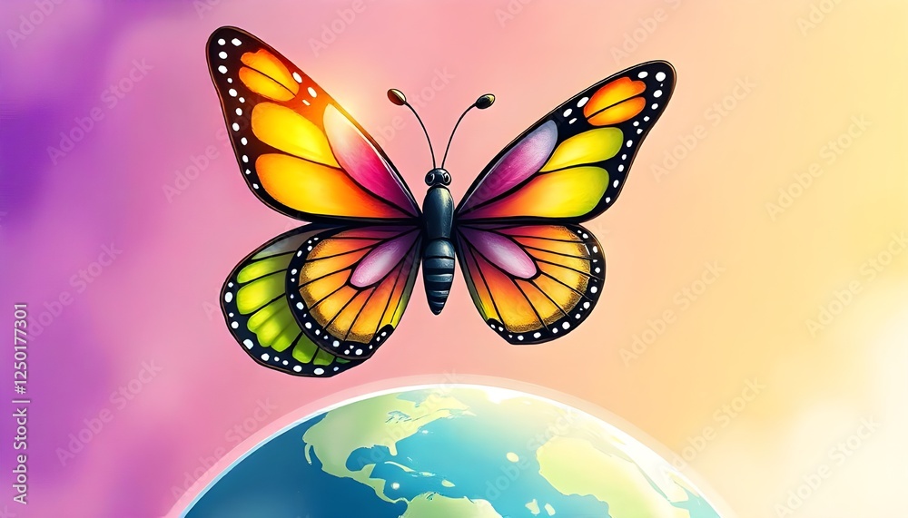 Aufkleber an illustration of a butterfly with radiant rainbow-colored wings soaring above a globe, representin